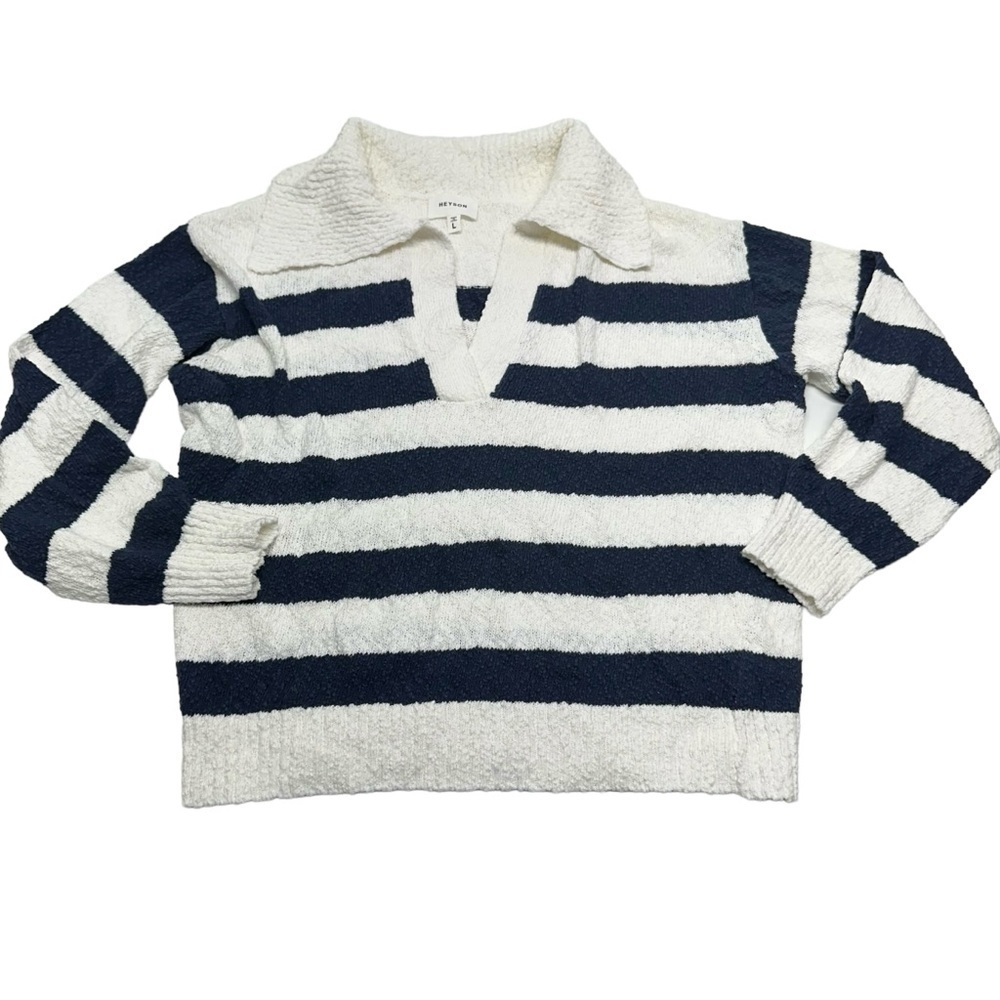 Heyson Boutique Textured Popcorn Striped Sweater Navy Cream